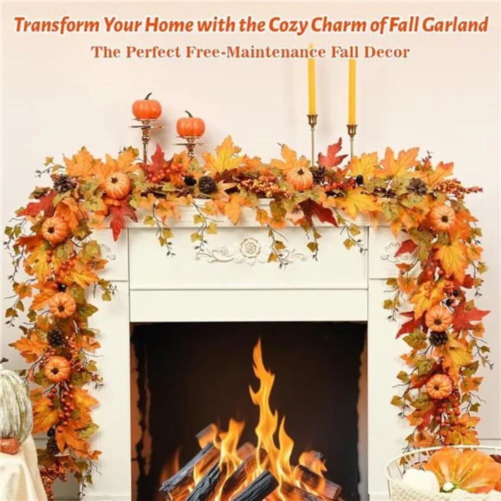 Fall Decor - 5.9 FT Fall Garland for Mantle, Artificial Fall Leaves Garland